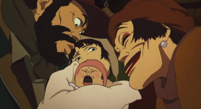 Cena de "Tokyo Godfathers" onde um homem de meia idade com barba, uma adolescente e uma mulher trans observam um bebê que chora