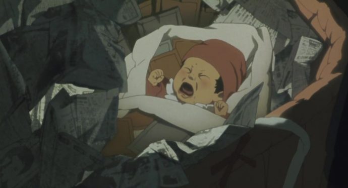 Um bebê chorando abandonado em meio ao lixo em um momento chave de "Tokyo Godfathers".