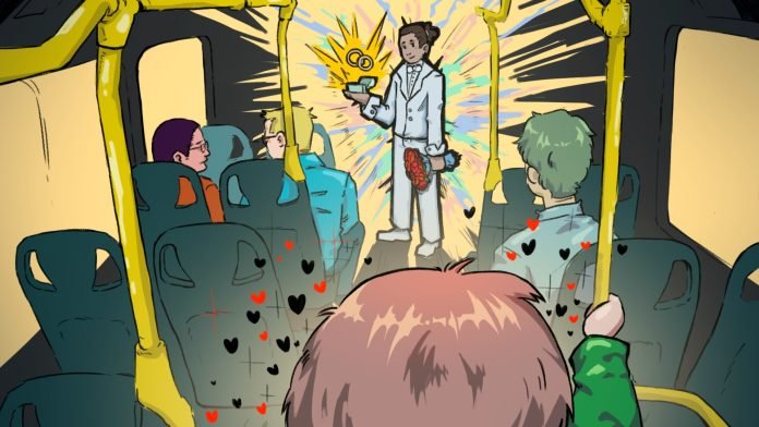 uma ilustração de duas pessoas dentro de um ônibus, uma com uma aura brilhante e outra apaixonada